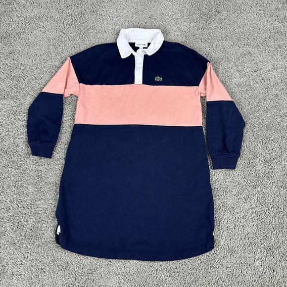 Lacoste Rugby Shirt Dress Youth Girls 8 Navy Pink Colorblock Long Sleeve Cotton - Picture 1 of 11